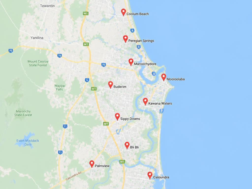 Map showing B Sure Pool Safety Inspections service area across the Sunshine Coast from Coolum Beach to Caloundra